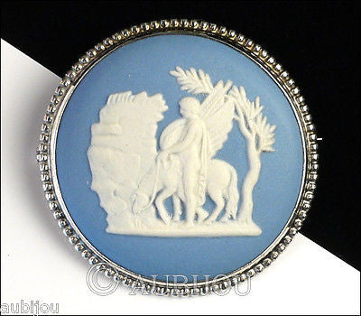 Vintage Wedgwood Blue Jasper Pegasus Cameo Porcelain Sterling Silver Brooch Pin