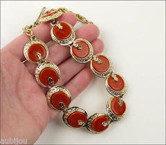 Vintage Signed Art Oriental Orange Red Rust Bakelite Necklace Choker Set Earrings