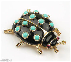 Vintage Trifari Figural Enamel Faux Turquoise Ladybug Beetle Bug Brooch Pin Set 1960's