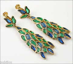 Vintage Marvella Molded Glass Mosaic Blue Green Long Drop Chandelier Earrings 1960's