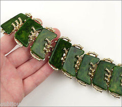 Vintage Signed Art Wide Spinach Green Marbled Bakelite Oriental Bamboo Bracelet 1960's