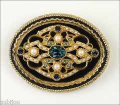 Vintage Signed Art Ornate Victorian Black Velvet Montana Blue Rhinestone Brooch Pin