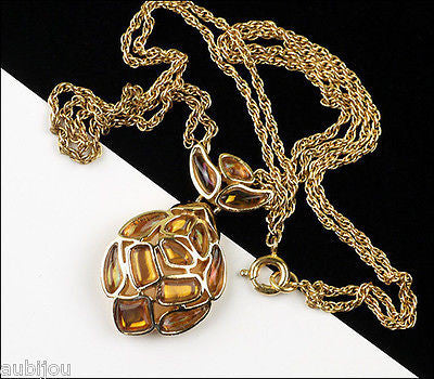 Vintage Trifari Modern Mosaic Amber Molded Glass Pendant Necklace Delicate 1960's