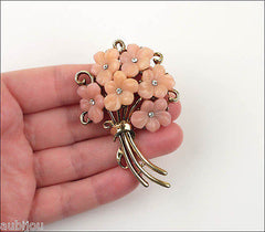 Vintage Trifari Pink Molded Glass Forget Me Not Flower Bouquet Brooch Pin 1950's