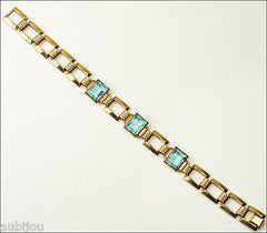 Vintage Simmons Gold Filled Art Deco Aqua Blue Aquamarine Glass Rhinestone Bracelet