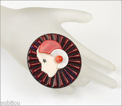 Lea Stein Full Collerette Art Deco Girl Brooch Pin Burgundy Red Mannequin