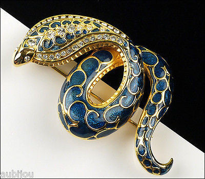 Joan Rivers Figural Blue Enamel Rhinestone Snake Serpent Cobra Brooch Pin