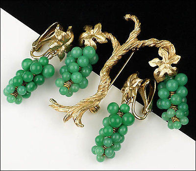 Vintage Marvella Grape Vine Faux Jade Green Peking Glass Cluster Tree Brooch Pin Set