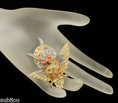 Vintage Crown Trifari Figural Faux Coral Rhinestone Owl Bird Brooch Pin Set Earrings