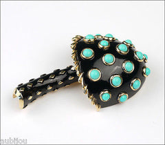 Vintage Crown Trifari Black Enamel Turquoise Beads Mushroom Brooch Pin Toadstool 1960's
