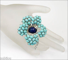 Vintage Boucher 3D Faux Turquoise Lapis Blue Glass Cabochon Flower Brooch Pin Set