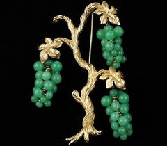 Vintage Marvella Grape Vine Faux Jade Green Peking Glass Cluster Tree Brooch Pin 1960's