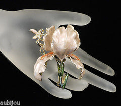 Kirks Folly Large 3D Cream Enamel Floral Flower Iris Orchid Brooch Pin Fairy