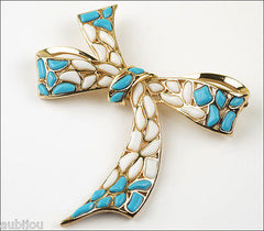 Vintage Trifari Modern Mosaic White Blue Molded Glass Bow Ribbon Brooch Pin Set 1960's