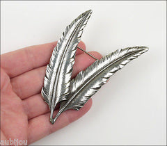 Vintage Cini Sterling Silver 3D Floral Double Feather Leaf Brooch Pin 1950's Jewelry