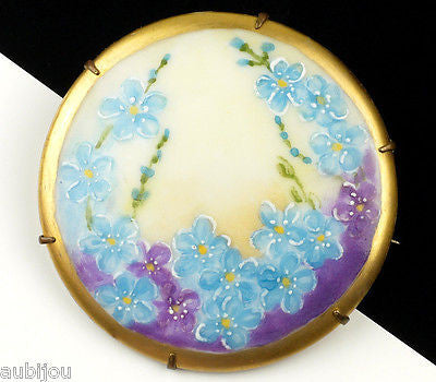Vintage Porcelain Handpainted Floral Light Blue Forget Me Not Flower Brooch Pin