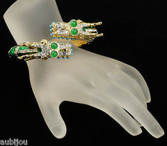 Kenneth Lane KJL Asian Oriental Green Enamel Rhinestone Double Dragon Bracelet