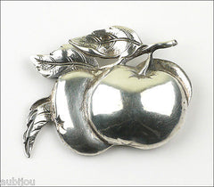 Vintage Cini Sterling Silver 3D Floral Double Apple Fruit Leaf Brooch Pin 1950's