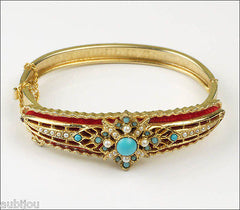 Vintage Signed Art Ornate Victorian Red Velvet Faux Turquoise Bracelet Bangle 1960's