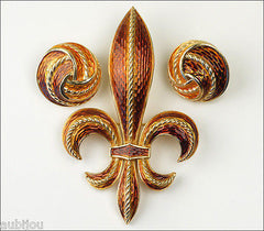 Vintage Trifari Enamel Heraldic Fleur De Lis Lily Brooch Pin Coat Of Arms Set 1960's