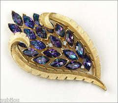 Vintage Trifari Purple Heliotrope Glass Rhinestone Floral Leaf Brooch Pin 1960's