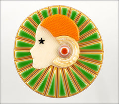 Lea Stein Full Collerette Art Deco Girl Brooch Pin Lime Green Orange