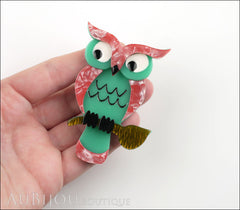 Erstwilder Bird Brooch Pin Howards Hoot Owl Pink Green Model