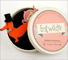 Erstwilder Brooch Pin Pierre and the Dancing Hat Dachshund Dog Red Box