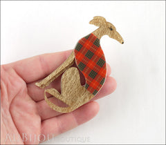 Erstwilder Dog Pin Brooch Garrison the Greyhound Beige Scottish Plaid Model