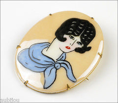 Vintage Art Deco Flapper Hand Painted Porcelain Portrait Miniature Brooch Pin