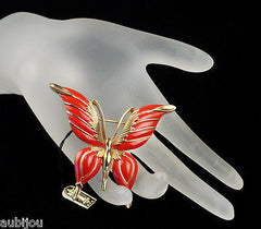 Vintage Crown Trifari Figural Red Enamel Butterfly Insect Brooch Pin Set Earring