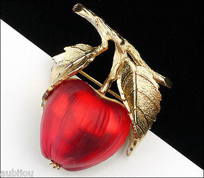 Vintage Napier Frosted Molded Glass Siam Red Apple Brooch Pin Fruit Jewelry 1960's