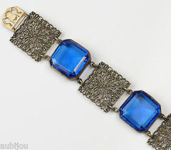 Antique Art Nouveau Cobalt Blue Openback Rhinestone Filigree Bracelet Brass 1900's