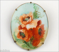 Antique Porcelain Art Nouveau Hand Painted Floral Red Poppy Flower Brooch Pin