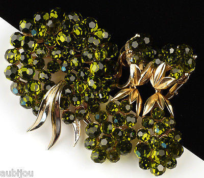 Vintage Trifari Briolette Olivine Glass Rhinestone Brooch Pin Set Drop Earrings