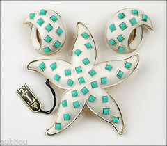 Vintage Crown Trifari White Enamel Faux Turquoise Sea Starfish Brooch Pin Set