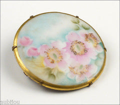 Vintage Porcelain Handpainted Floral Pink Wild Rose Brier Flower Brooch Pin 1920's