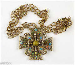 Vintage Signed Art Heraldic Green Enamel Maltese Cross Pendant Necklace Floral