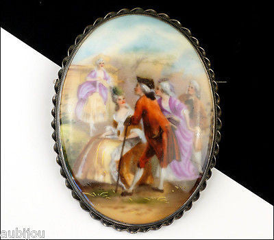 Large Antique Czech Hand Painted Porcelain Brooch Sterling Silver Setting Pin