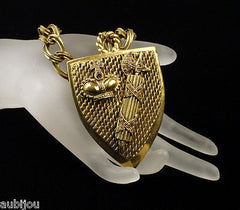 Vintage Heraldic Medieval Crest Shield Crown Rhinestone Pendant Necklace 1960's