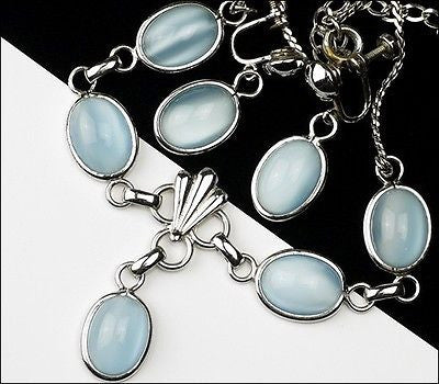 Vintage Amco Sterling Silver Light Blue Moonstone Glass Necklace Earrings Set