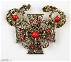 Vintage Signed Art Heraldic Red Enamel Maltese Cross Filigree Brooch Pin Set 1960's