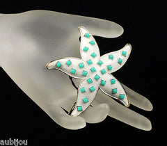 Vintage Crown Trifari White Enamel Faux Turquoise Sea Starfish Brooch Pin Set