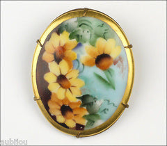 Vintage Porcelain Handpainted Floral Yellow Coneflower Rudbeckia Brooch Pin