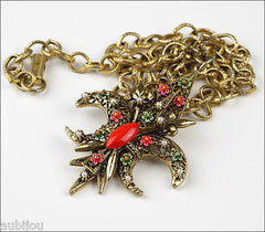 Vintage Signed Art Heraldic Red Enamel Fleur De Lis Lily Pendant Necklace Floral