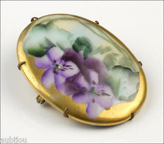 Vintage Porcelain Handpainted Floral Purple Violet Pansy Flower Leaf Brooch Pin