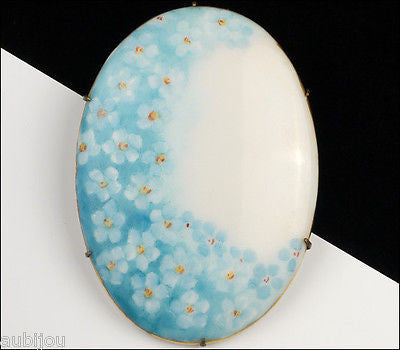 Antique Porcelain Hand Painted Floral Light Blue Forget Me Not Flower Brooch Pin