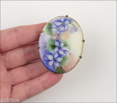 Vintage Porcelain Handpainted Floral Blue Violet Pansy Green Leaf Brooch Pin