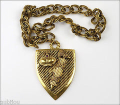 Vintage Heraldic Medieval Crest Shield Crown Rhinestone Pendant Necklace 1960's