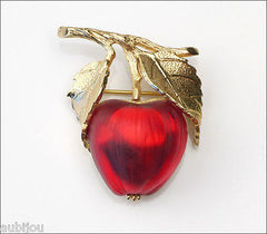 Vintage Napier Frosted Molded Glass Siam Red Apple Brooch Pin Fruit Jewelry 1960's